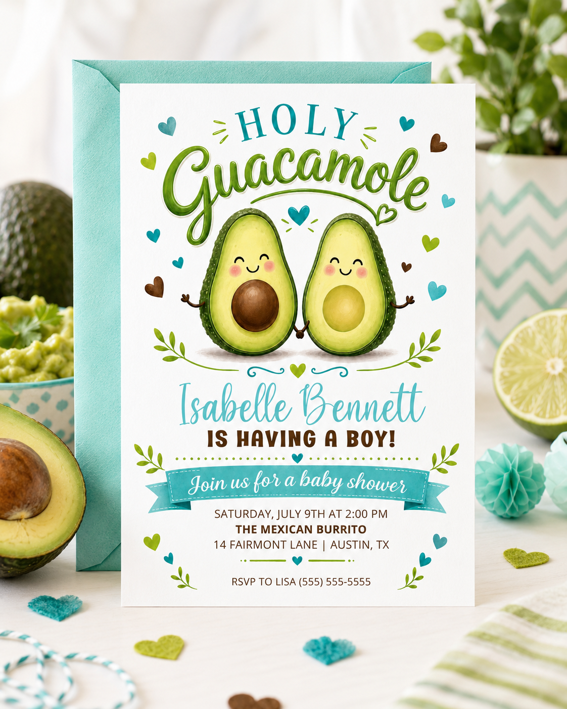 Holy guacamole baby shower invitation with cute smiling avocado characters, teal hearts, greenery accents, playful lettering, and green brown baby boy details