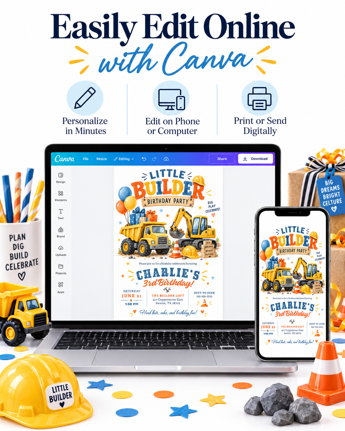 Construction birthday invitation with dump truck, excavator, hard hats, traffic cone, balloons, gifts, and colorful little builder third birthday party details