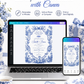 Blue toile baby shower invitation with ornate floral frame, bow, baby carriage, rocking horse, countryside scene, and elegant royal blue vintage details