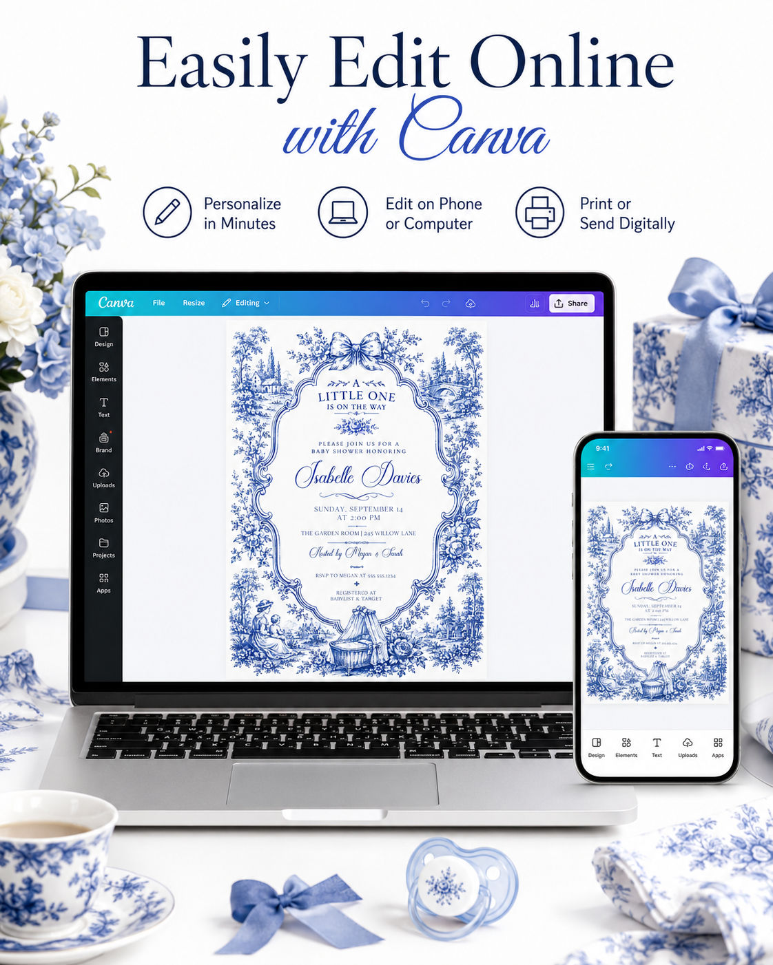 Blue toile baby shower invitation with ornate floral frame, bow, baby carriage, rocking horse, countryside scene, and elegant royal blue vintage details