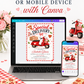 Editable pizza baby shower invitation Canva template with retro Italian pizzeria style, red scooter, pizza boxes, heart shaped pizza, red gingham border, and bold red and navy typography on a cream background