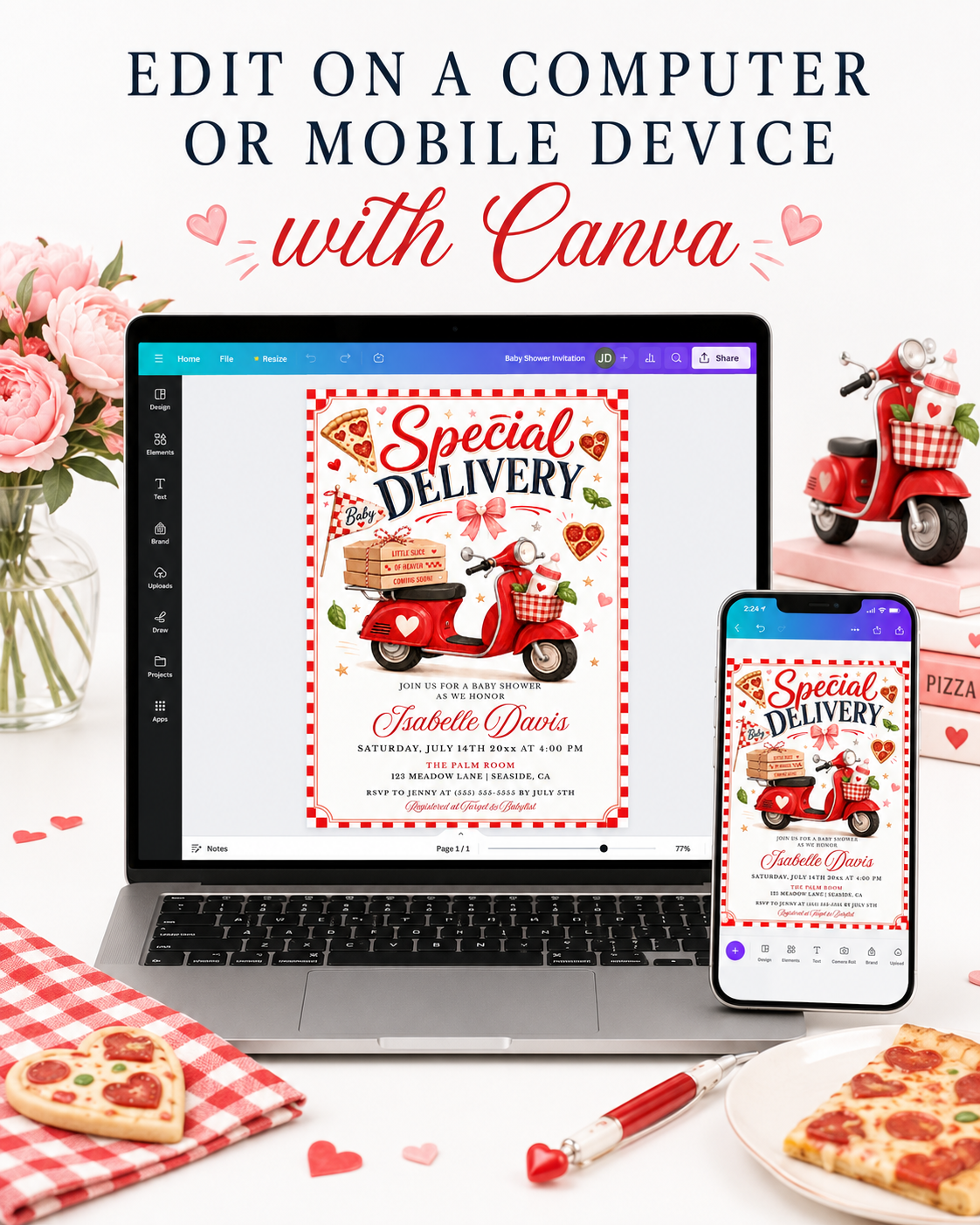 Editable pizza baby shower invitation Canva template with retro Italian pizzeria style, red scooter, pizza boxes, heart shaped pizza, red gingham border, and bold red and navy typography on a cream background