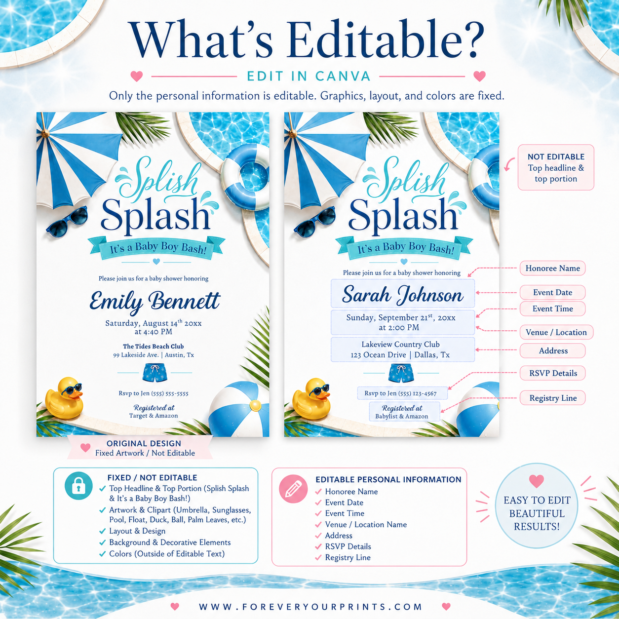 Splish splash boy baby shower invitation with a pool ring, rubber duck, and beach ball in blue and white