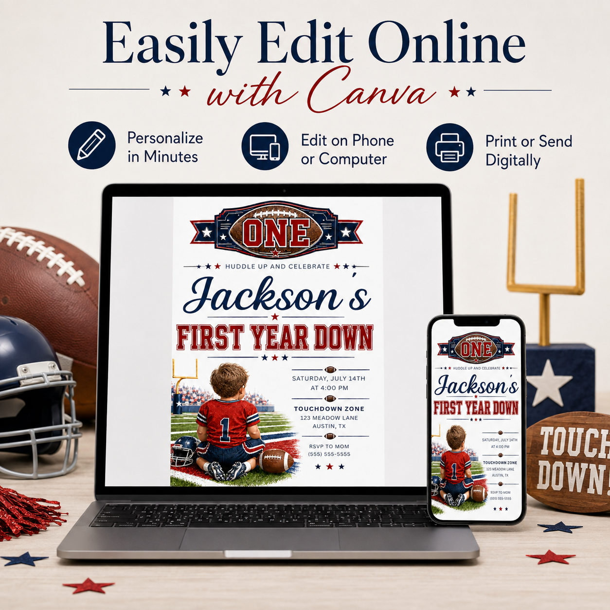 First Year Down first birthday invitation with little football player, stadium field, helmet, football, and red navy sports birthday party details