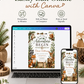 Woodland baby shower invitation with fox, bear, deer, raccoon, bunny, owl, squirrel, greenery, pine branches, mushrooms, acorns, and adventure details