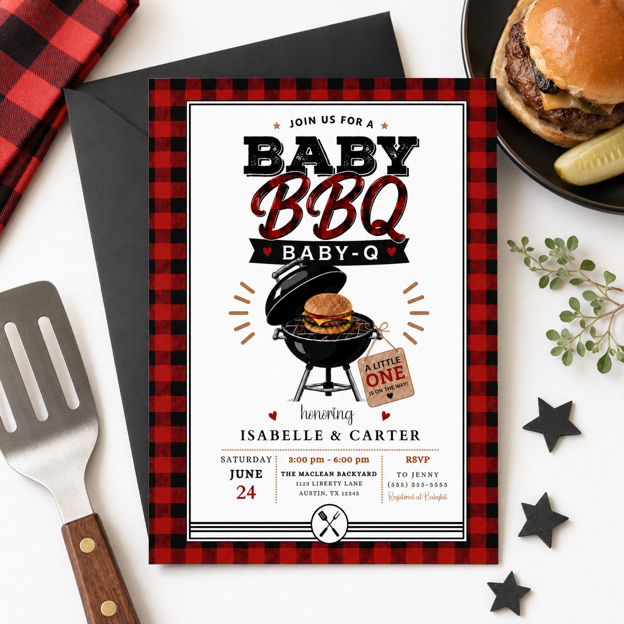 Buffalo plaid BBQ baby shower invitation with a grill and burger in red, black, and white