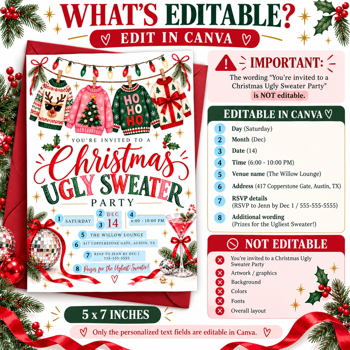 Ugly sweater party invitation with four Christmas sweaters hanging beneath string lights, a reindeer wearing sunglasses, disco ornaments, red bows, and a pink cocktail