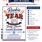 Rookie baseball baby shower invitation with crossed baseball bats, baseball, varsity lettering, navy ribbon banner, red and blue stars, and classic sports shower details