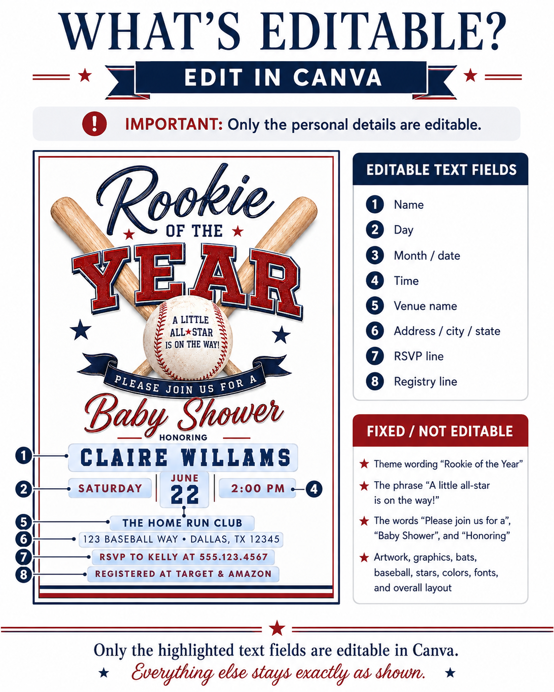 Rookie baseball baby shower invitation with crossed baseball bats, baseball, varsity lettering, navy ribbon banner, red and blue stars, and classic sports shower details