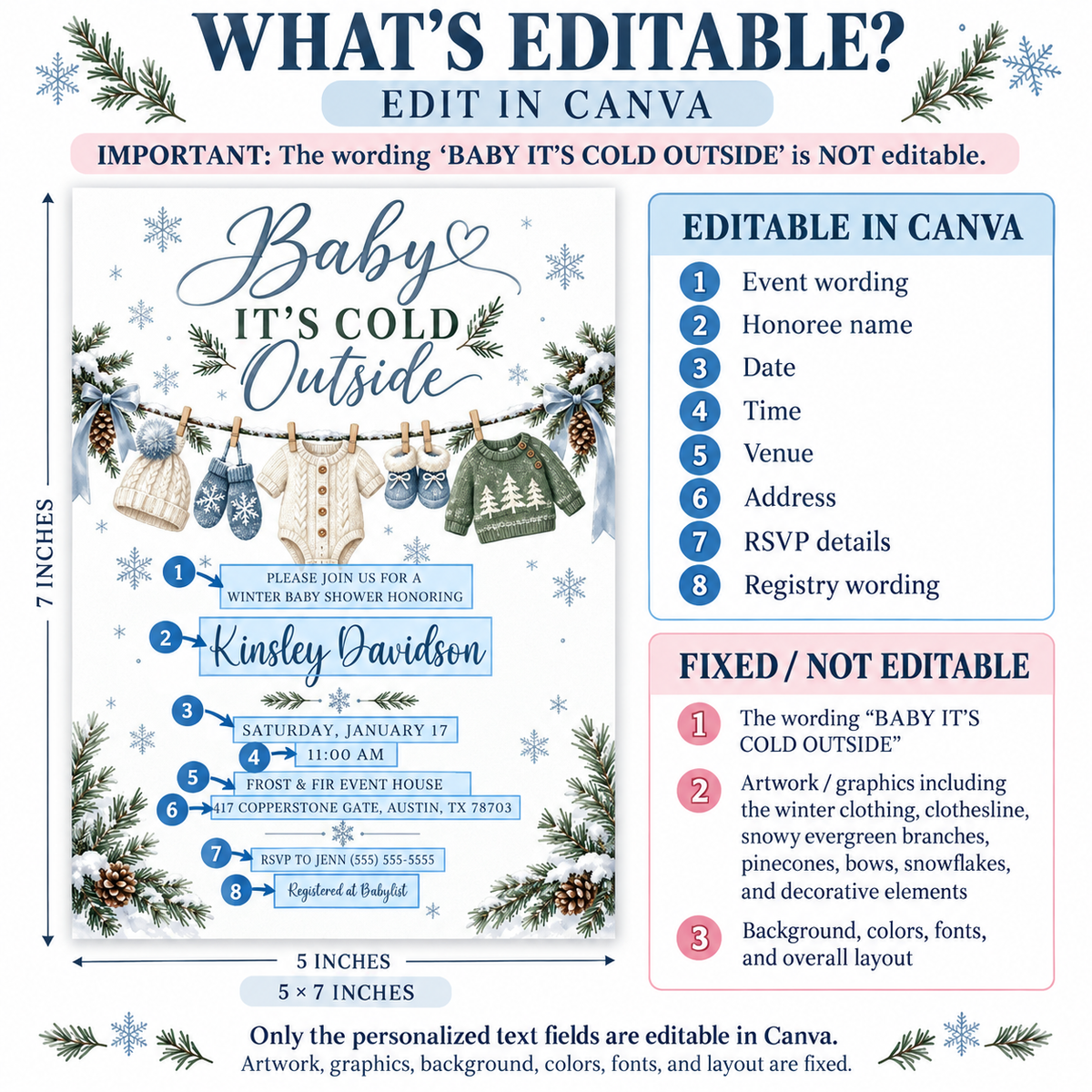 Editable Baby It's Cold Outside baby shower invitation template with snowflakes, pine branches, and blue bows
