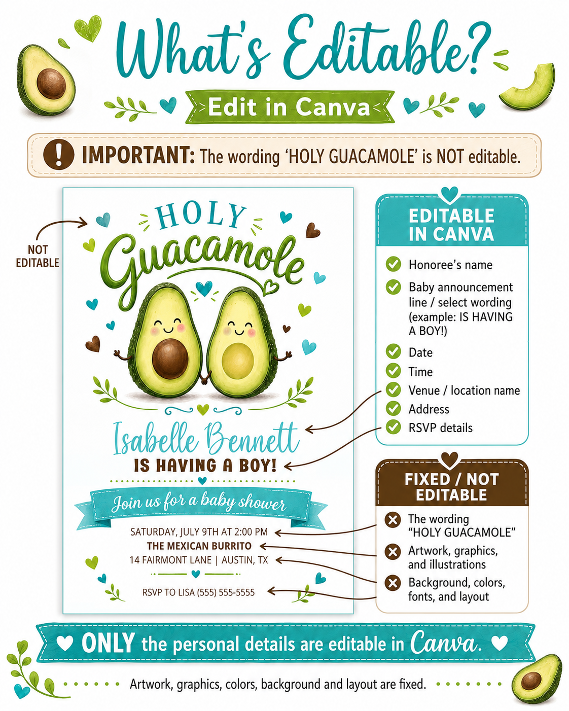 Holy guacamole baby shower invitation with cute smiling avocado characters, teal hearts, greenery accents, playful lettering, and green brown baby boy details