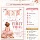 Dance first birthday invitation with little ballerina in pink tutu, ballet slippers, dance bag, bows, gold stars, ONE banner, and soft blush details