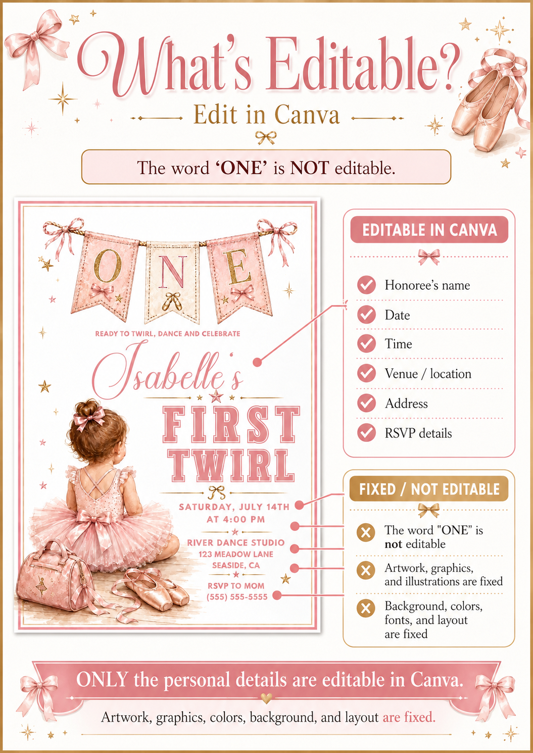 Dance first birthday invitation with little ballerina in pink tutu, ballet slippers, dance bag, bows, gold stars, ONE banner, and soft blush details