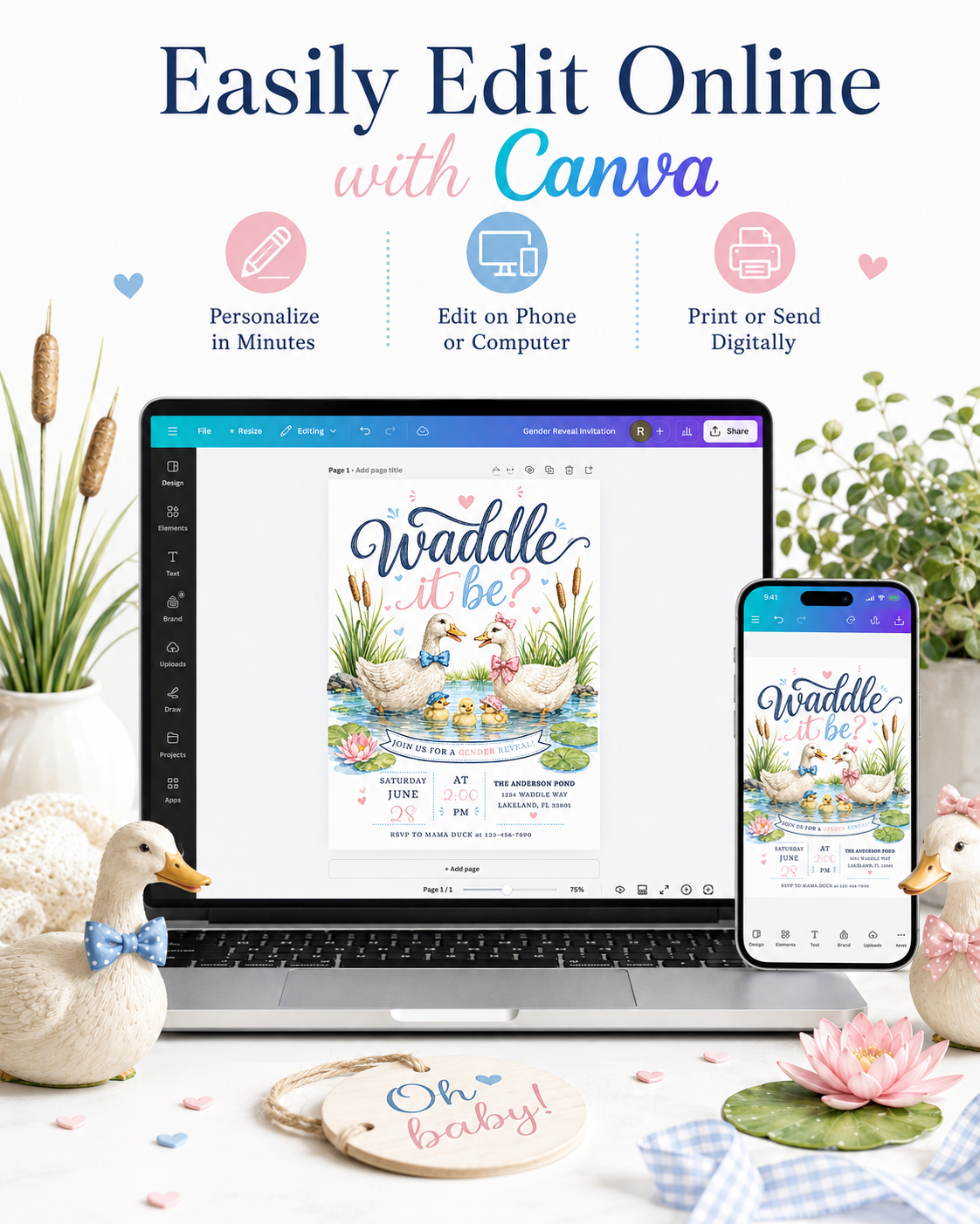 Waddle it be gender reveal invitation with watercolor ducks, baby ducklings, pink and blue bows, pond water, cattails, lily pads, hearts, and pastel details