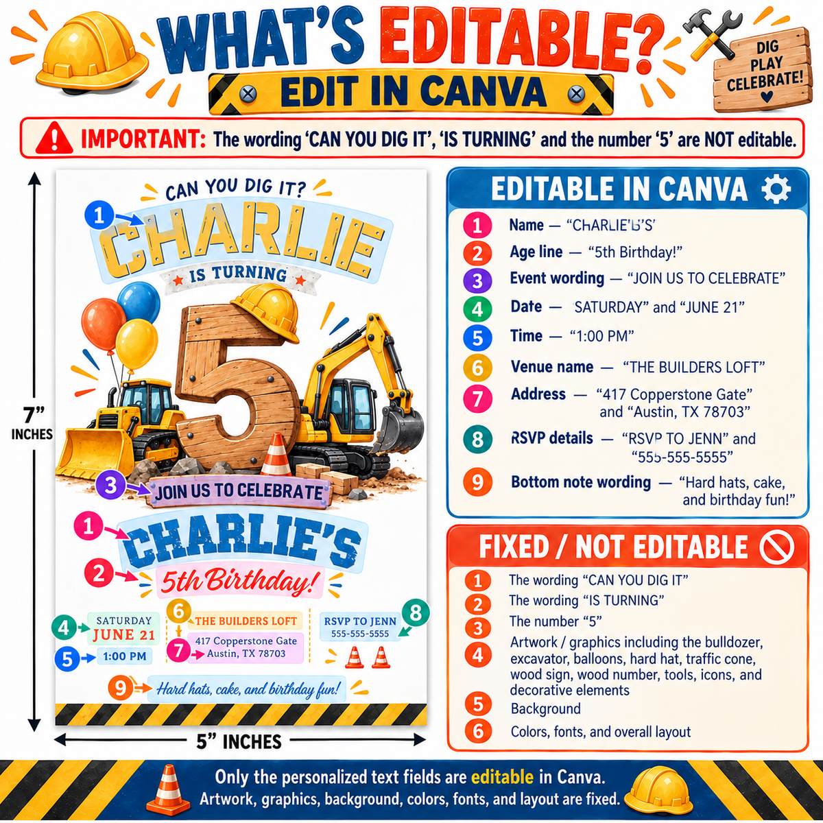 Construction 5th birthday invitation with giant wooden number 5, excavator, bulldozer, hard hat, balloons, traffic cones, and Can You Dig It party details