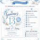 The summer I turned 13 birthday invitation with blue watercolor waves, seashells, starfish, sand dollar, bubbles, seaweed, and elegant coastal details