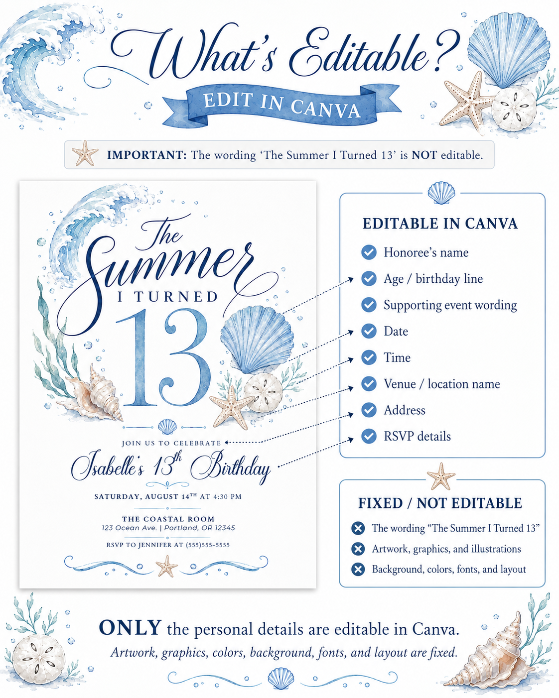 The summer I turned 13 birthday invitation with blue watercolor waves, seashells, starfish, sand dollar, bubbles, seaweed, and elegant coastal details