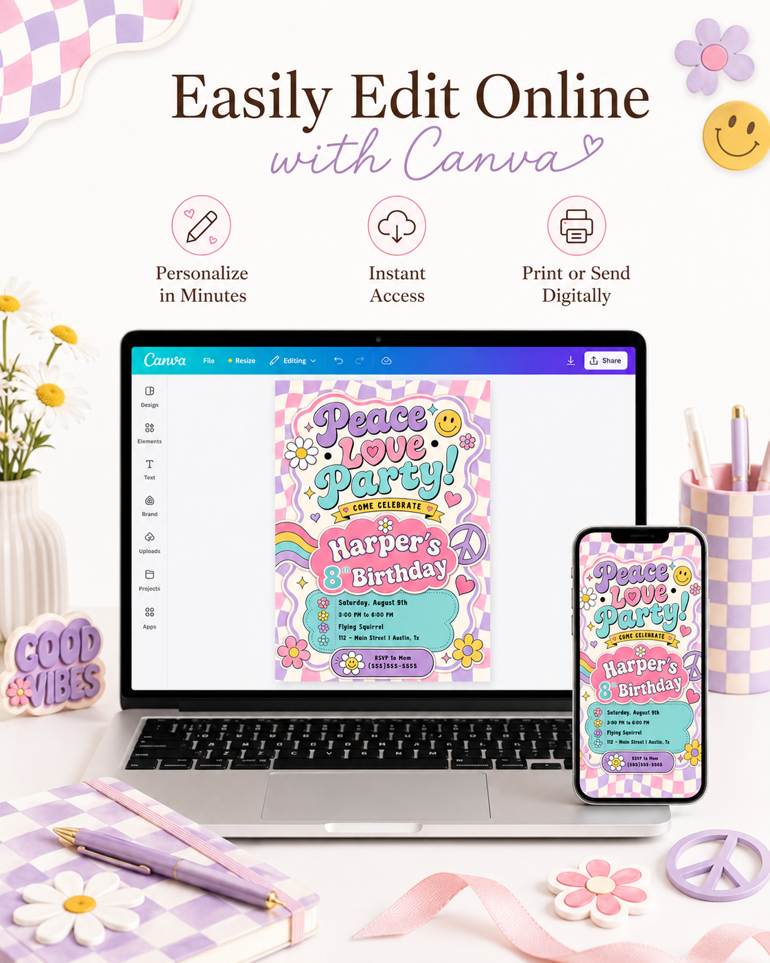Peace love party birthday invitation with pastel checkerboard, rainbow waves, flowers, hearts, smiley faces, and peace sign retro details