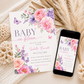 Editable baby in bloom butterfly baby shower invitation Canva template with watercolour peonies, roses, anemones, lavender, and purple and pink butterflies on a soft white background