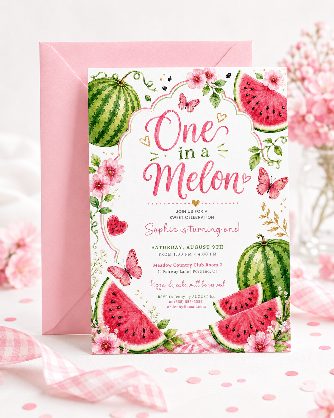One in a Melon first birthday invitation featuring watercolor watermelons, pink flowers, butterflies, greenery and gold hearts.
