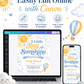 A little ray of sunshine baby shower invitation with golden sun, soft blue clouds, stars, hearts, and a blue and yellow hot air balloon