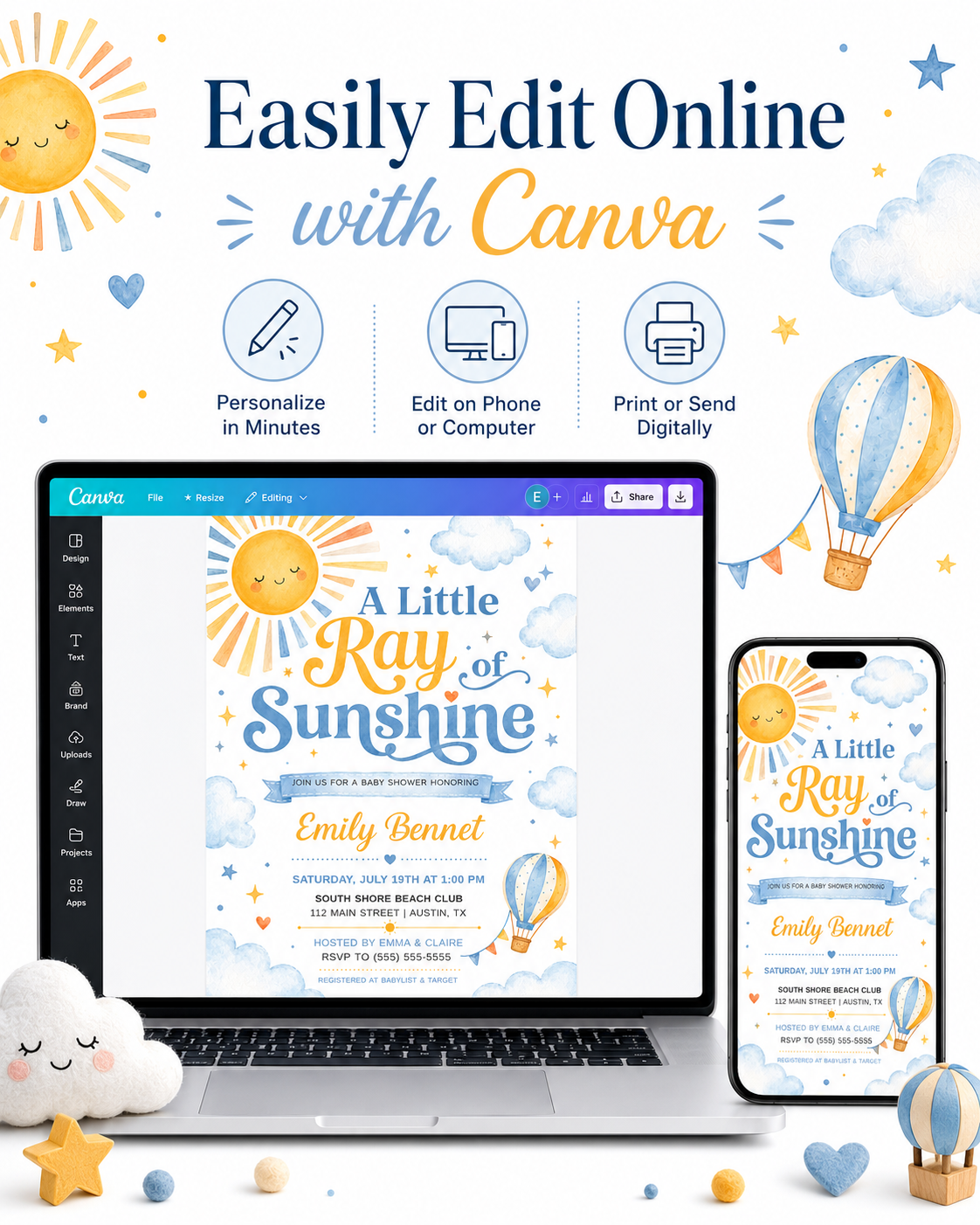 A little ray of sunshine baby shower invitation with golden sun, soft blue clouds, stars, hearts, and a blue and yellow hot air balloon