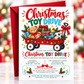 Christmas toy drive invitation with a red wagon filled with wrapped gifts, teddy bear, toy fire truck, colorful lights and festive holiday greenery