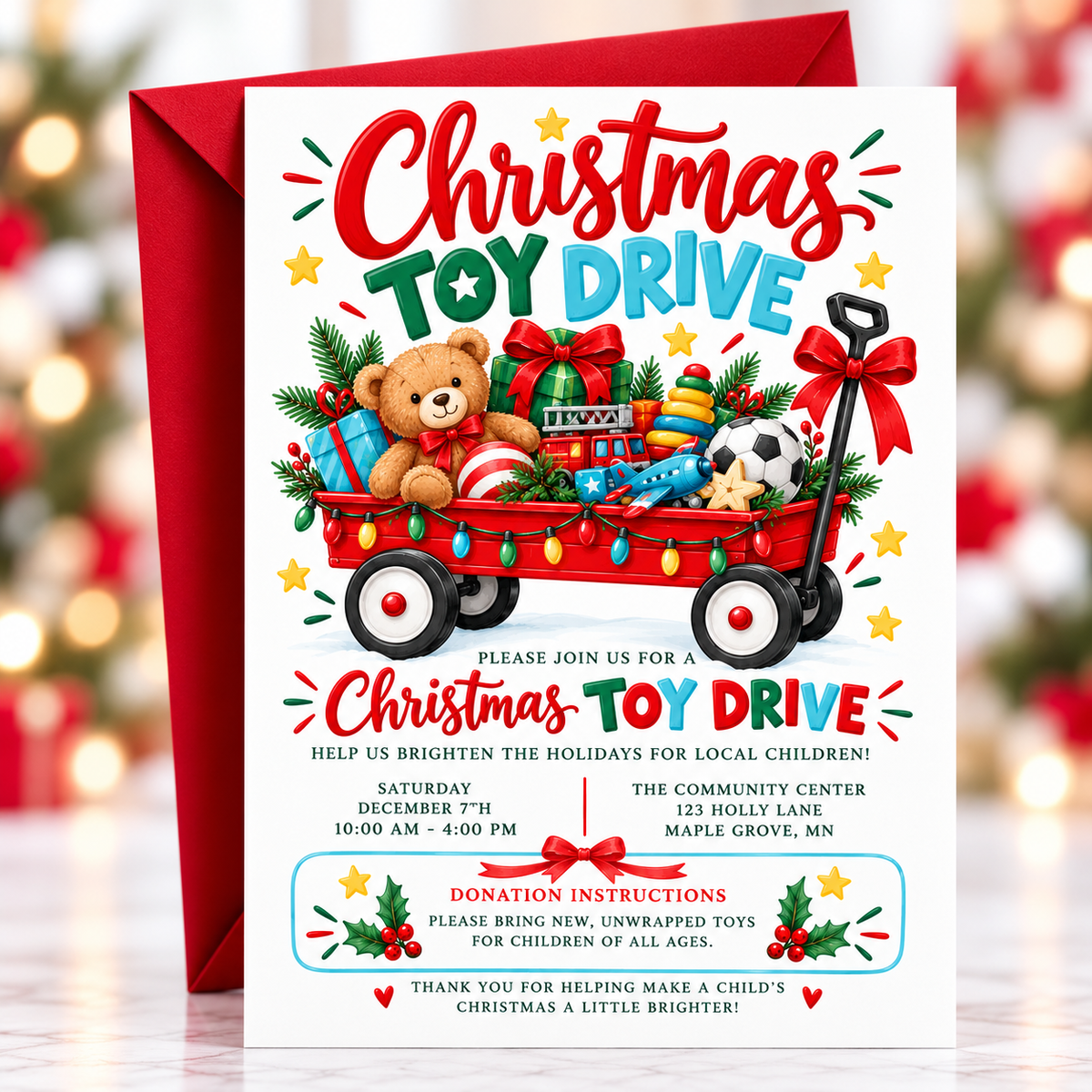 Christmas toy drive invitation with a red wagon filled with wrapped gifts, teddy bear, toy fire truck, colorful lights and festive holiday greenery