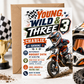 Young wild and three motocross invitation with dirt bike rider, checkered flags, racing helmet, muddy tire splashes, stars, lightning accents, and bold boys 3rd birthday details