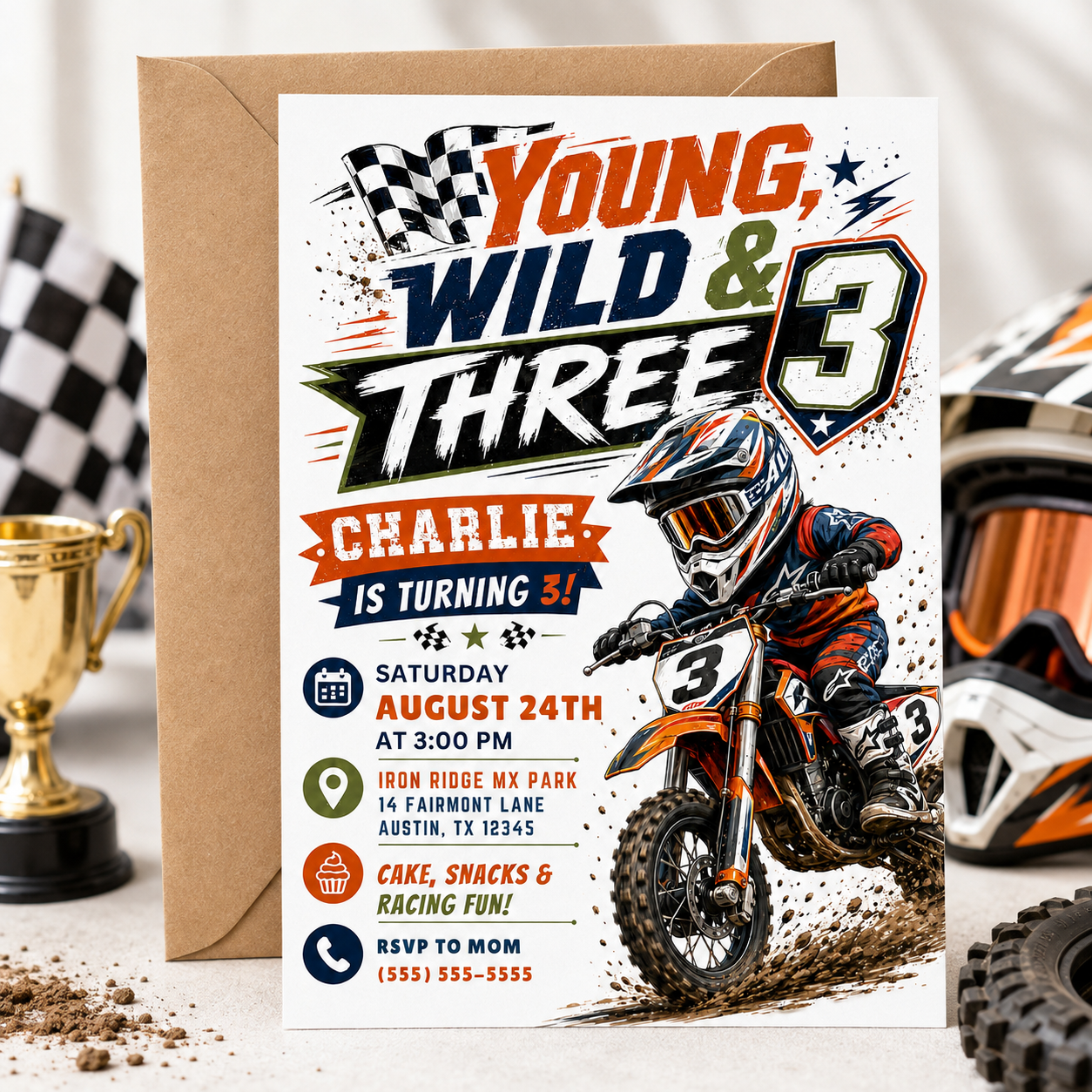 Young wild and three motocross invitation with dirt bike rider, checkered flags, racing helmet, muddy tire splashes, stars, lightning accents, and bold boys 3rd birthday details