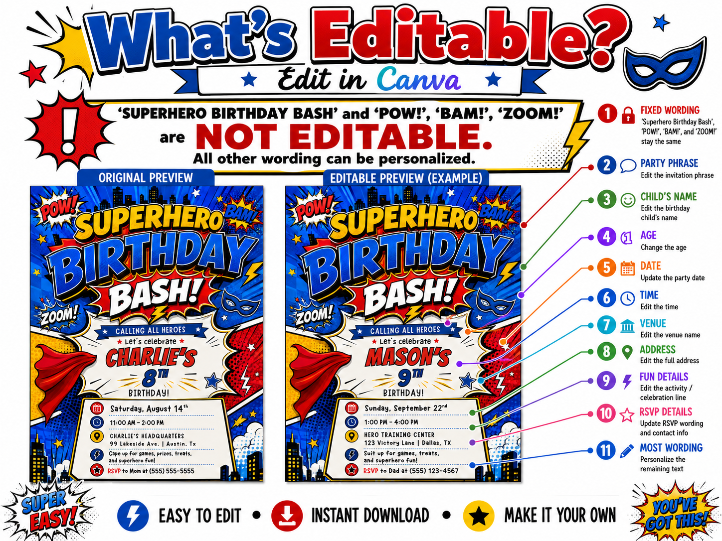 Superhero birthday invitation featuring a bold comic book design with POW, BAM and ZOOM graphics, city skyline, cape, mask, stars and lightning bolts.
