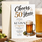 Beer 50th birthday invitation with frothy beer mug, hops, wheat, black and gold lettering, clean white background, and masculine milestone party details