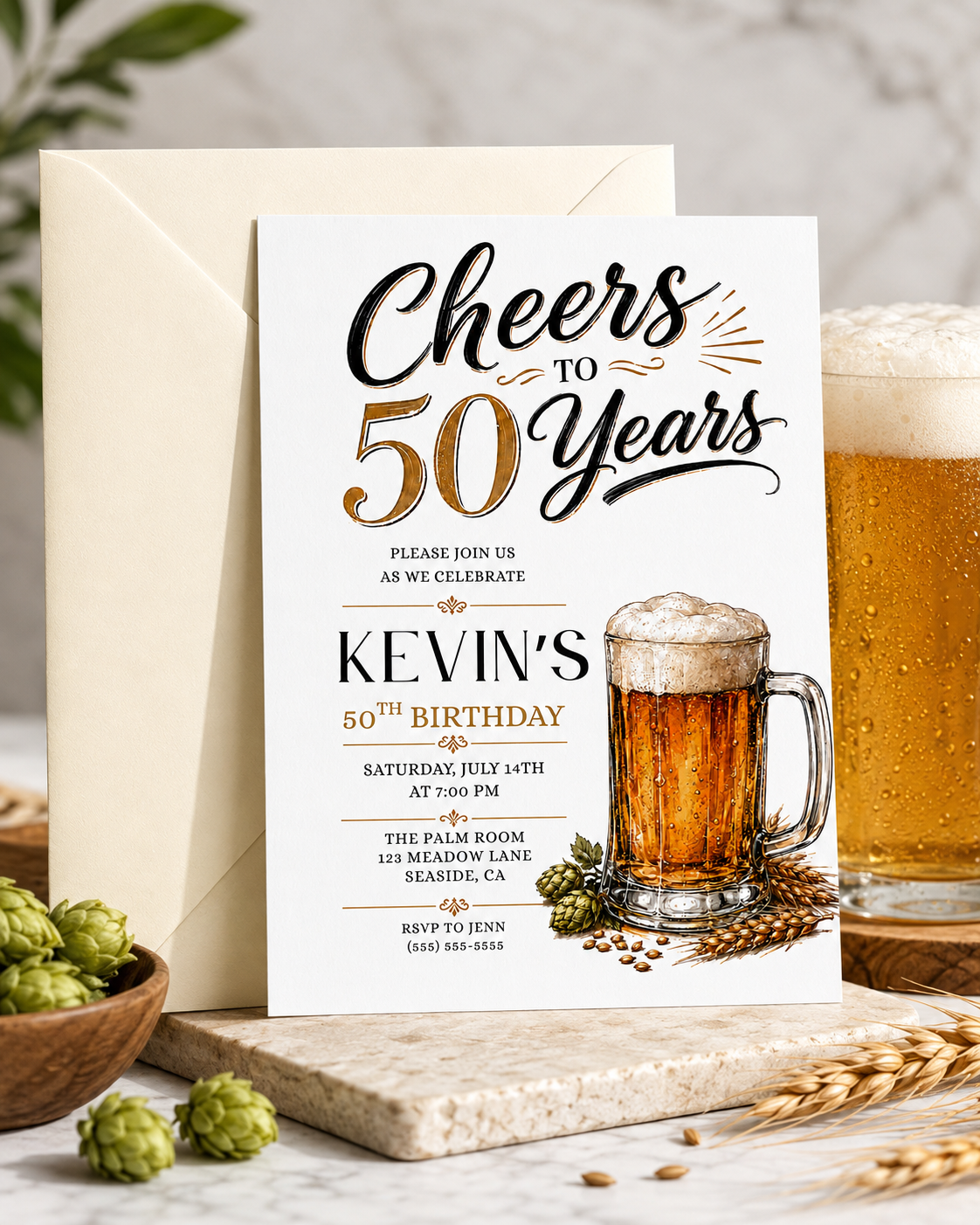 Beer 50th birthday invitation with frothy beer mug, hops, wheat, black and gold lettering, clean white background, and masculine milestone party details