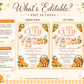 Editable little cutie baby shower invitation Canva template with watercolour oranges, orange blossoms, wicker fruit basket, clothesline scene with romper and bonnet, and orange gingham background