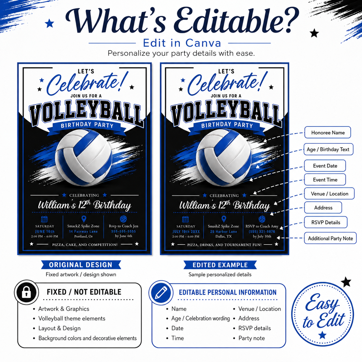 Volleyball boy birthday invitation with a blue and white volleyball and brush strokes in blue, black, and white