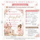 Fairy first birthday invitation with pink fairy, mushroom cottage, butterflies, flowers, bunny, and whimsical woodland birthday party details