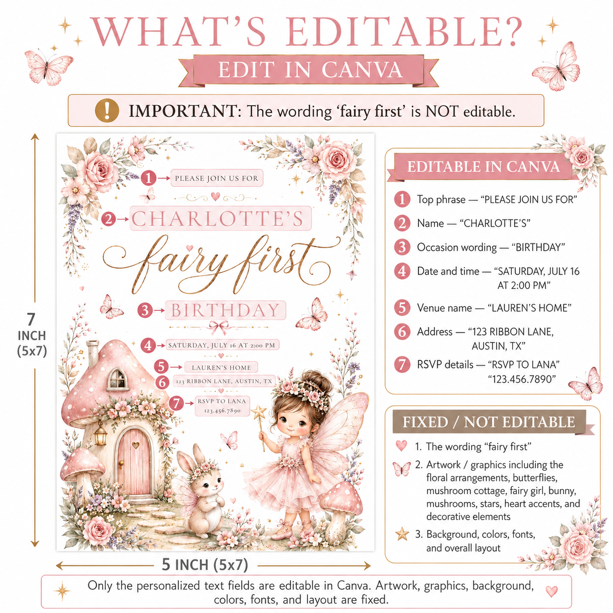 Fairy first birthday invitation with pink fairy, mushroom cottage, butterflies, flowers, bunny, and whimsical woodland birthday party details