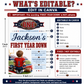 First Year Down first birthday invitation with little football player, stadium field, helmet, football, and red navy sports birthday party details