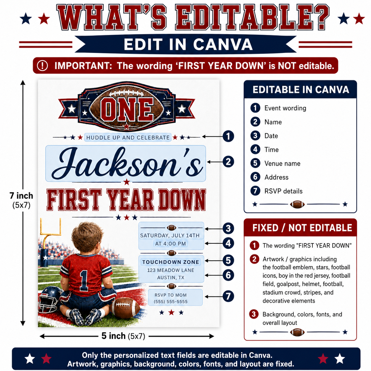 First Year Down first birthday invitation with little football player, stadium field, helmet, football, and red navy sports birthday party details