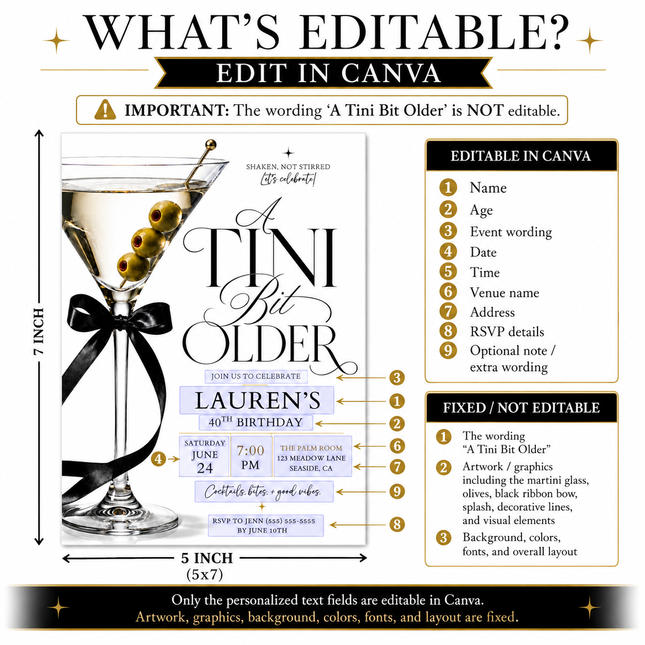 Martini 40th birthday invitation with elegant cocktail glass, olives, black satin bow, gold accents, minimalist white background, and chic milestone party details
