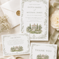Sage green botanical vine wedding stationery suite showing invitation, details enclosure card, and folded thank you card with watercolor estate illustration, editable in Canva