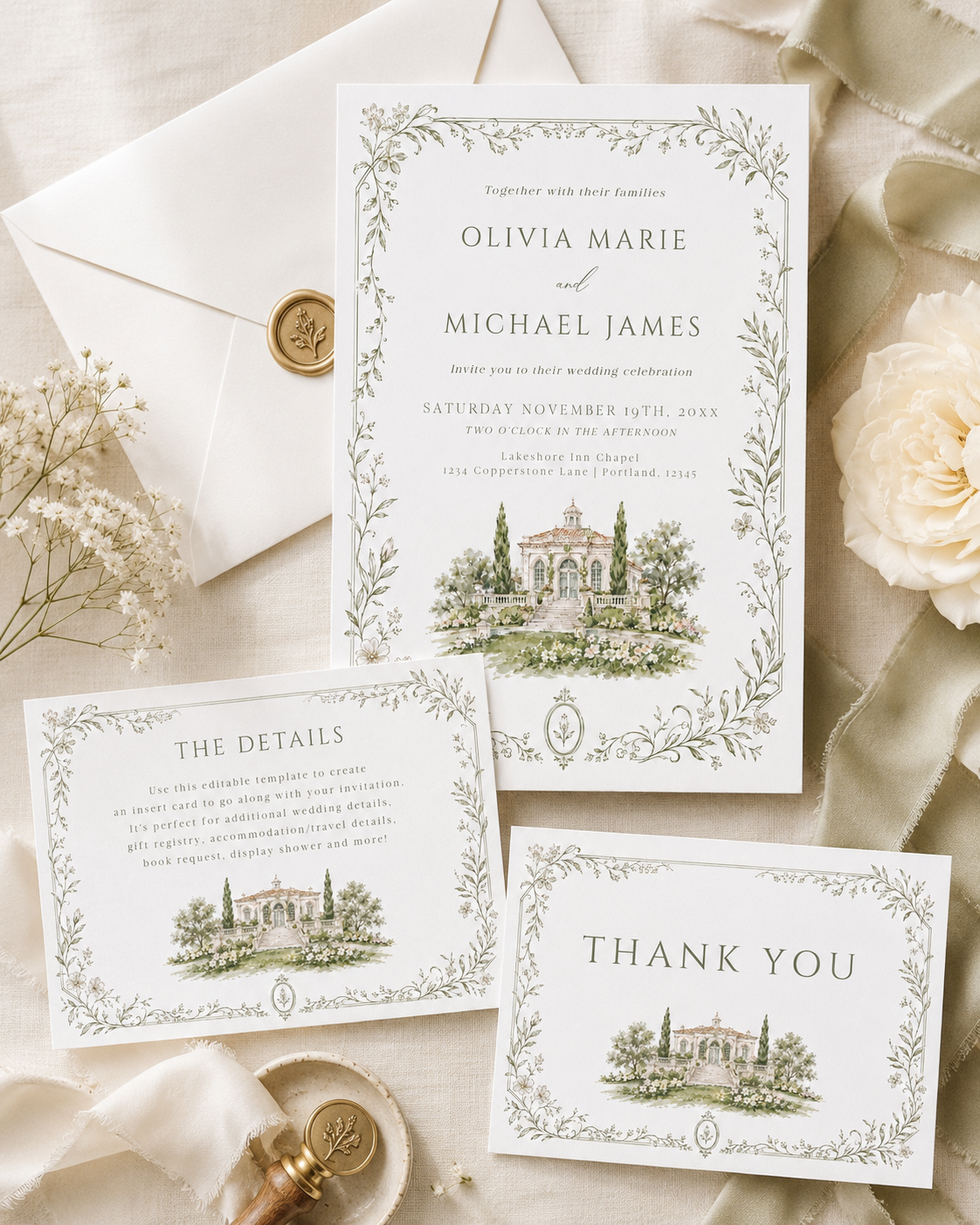 Sage green botanical vine wedding stationery suite showing invitation, details enclosure card, and folded thank you card with watercolor estate illustration, editable in Canva