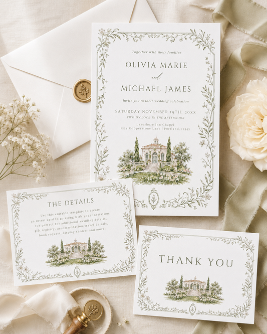 Sage green botanical vine wedding stationery suite showing invitation, details enclosure card, and folded thank you card with watercolor estate illustration, editable in Canva