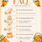Editable little cutie baby shower invitation Canva template with watercolour oranges, orange blossoms, wicker fruit basket, clothesline scene with romper and bonnet, and orange gingham background