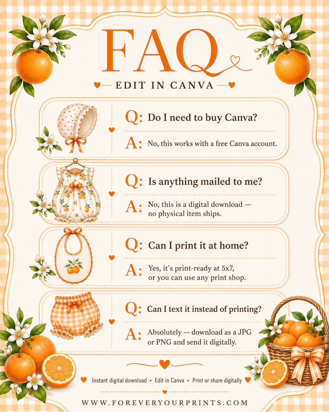 Editable little cutie baby shower invitation Canva template with watercolour oranges, orange blossoms, wicker fruit basket, clothesline scene with romper and bonnet, and orange gingham background