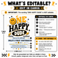 One Happy Dude first birthday invitation with retro smiley face, yellow and black lettering, lightning bolts, stars, and checkerboard birthday party details