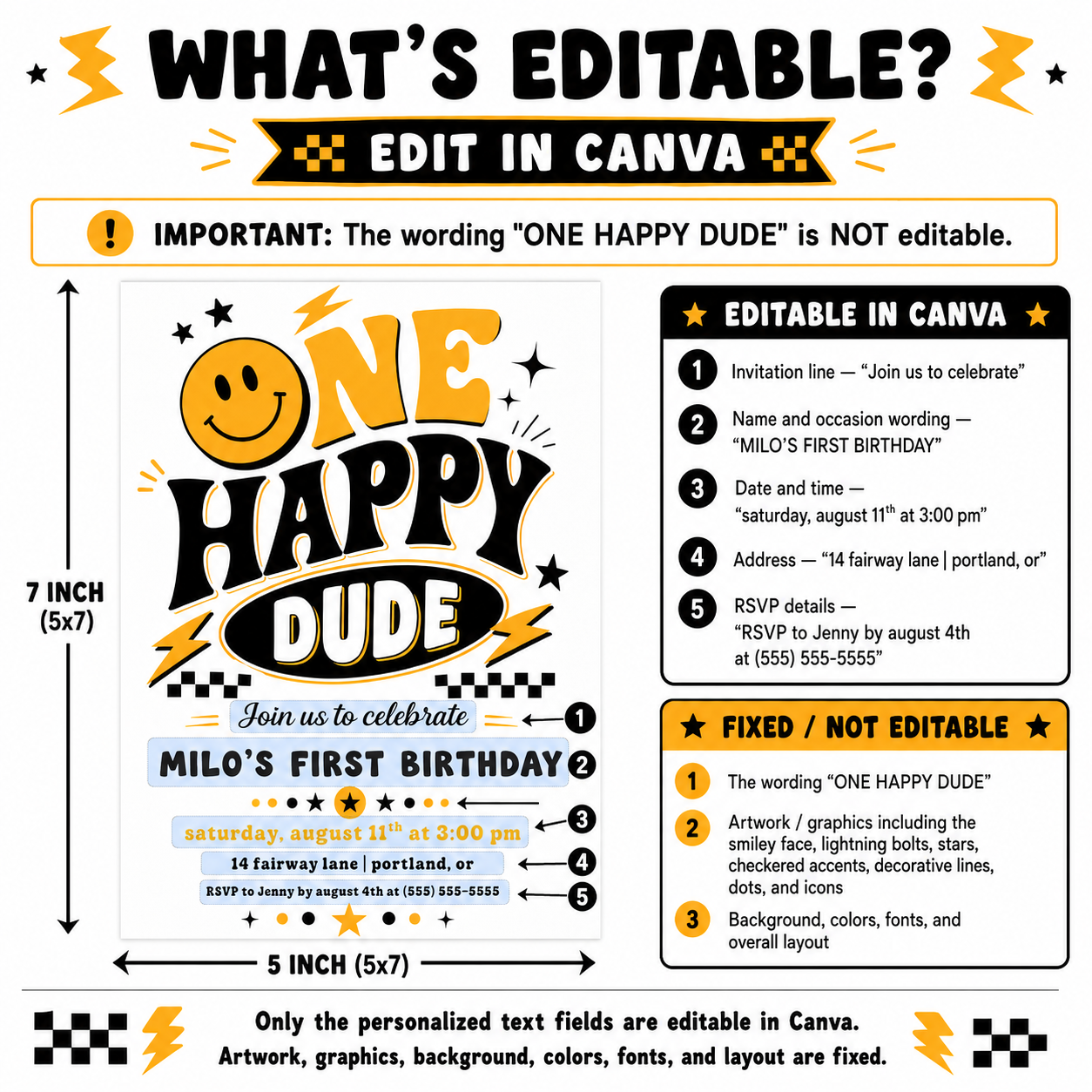 One Happy Dude first birthday invitation with retro smiley face, yellow and black lettering, lightning bolts, stars, and checkerboard birthday party details