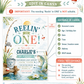 Fishing first birthday invitation with fishing pole, bobber, fish, basket, straw hat, lily pads, water, cattails, and rustic gone fishing sign