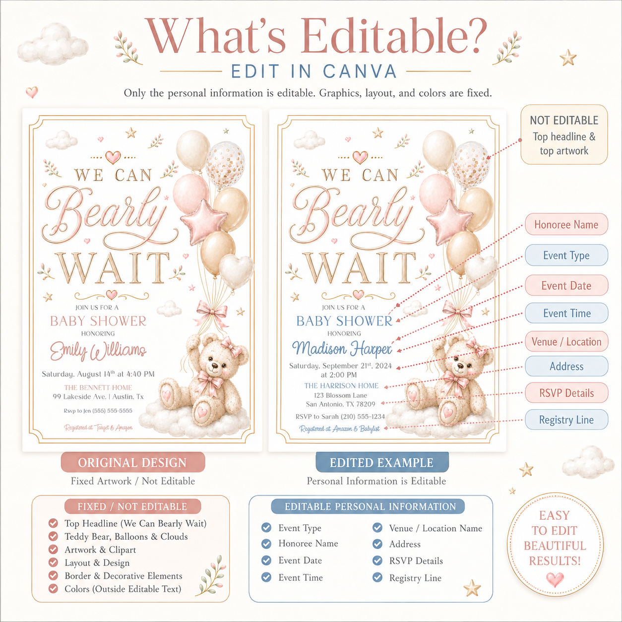 We can bearly wait girl baby shower invitation with a teddy bear and balloons in blush pink, cream, and gold