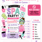 Spa party birthday invitation with nail polish, face mask, robe, cucumber slices, lotion, sugar scrub, makeup brush, hearts, and pink purple teal details